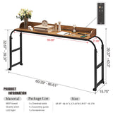 Overbed Desk with Charging Station-Over Bed Table-Adjustable Length/Height with Wheels - Human Sensor LED Light Mobile Queen Size Bed Table Rolling Tray Table for Eating & Laptops, Brown