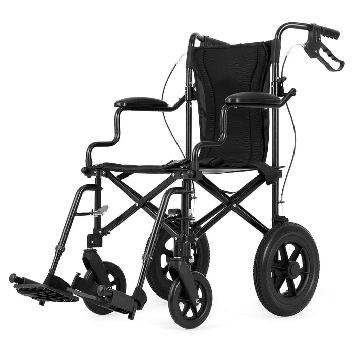 Medwarm Ultralight Transport Wheelchair for Adults & Kids, Weights only 22lbs, Folding Travel Wheelchair with Handbrakes, Detachable Footrests, Swing Away Armrests and 12" Rear Wheels, Black