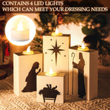 VIHOSE 4 Pcs Christmas Nativity Scene Candle Holders Tea Light Jesus Advent Candle Holder Wood Block Nativity Table Centerpiece Decor with Battery Operated LED Candles for Christian Gift