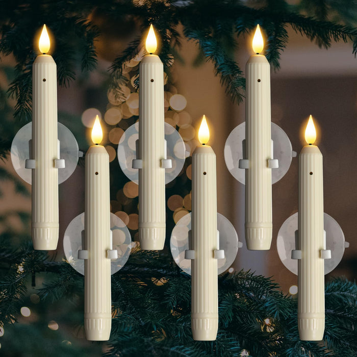 Homemory 6 Pcs Window Candles With Sensor Dusk to Dawn - Ivory Stripped Candlesticks With Suction Cups, Roman Column Battery Operated Flameless LED Taper for Christmas