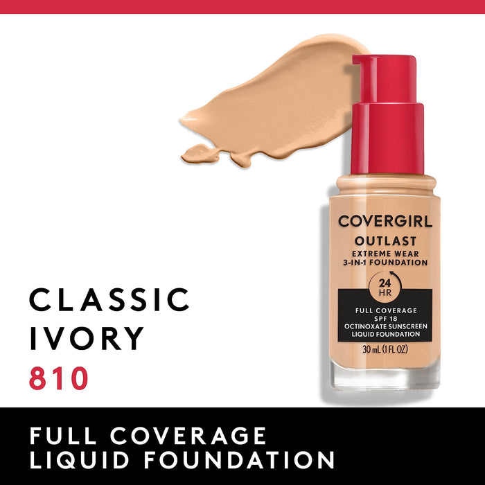 Covergirl Outlast Extreme Wear 3-in-1 Full Coverage Liquid Foundation, SPF 18 Sunscreen, Classic Ivory, 1 Fl. Oz.