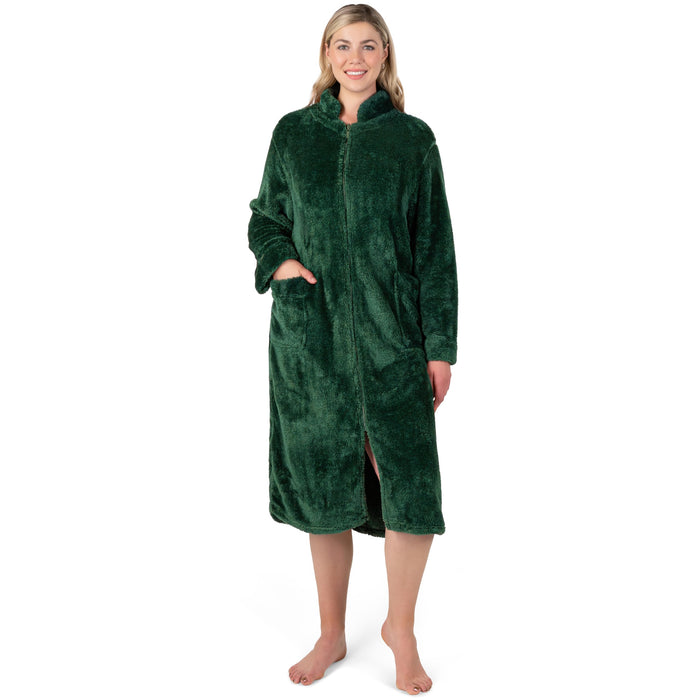 PAVILIA Womens Housecoat Zip Robe, Sherpa Zip Up Front Robe Bathrobe, Fuzzy Warm Zipper House Coat Lounger for Women Ladies Elderly with Pockets, Fluffy Fleece Long - Emerald Green (Large/X-Large)