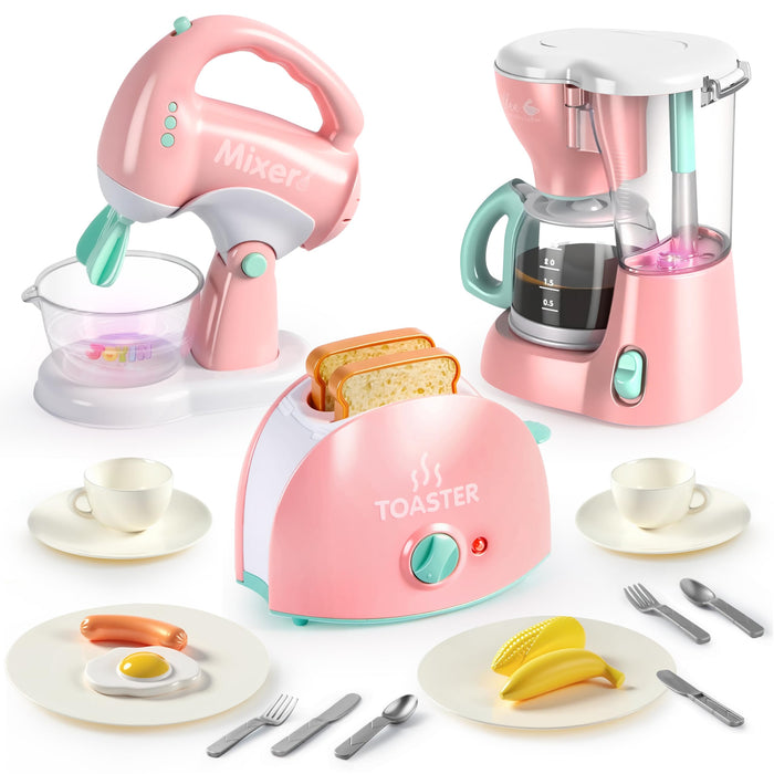 Joyin Play Kitchen Toys, Pretend and Play Food Kitchen Accessories Girls Toy with Coffee Maker, Mixer, Toaster with Realistic Lights& Sounds, Birthday Gift for Kids Gifts for Christmas