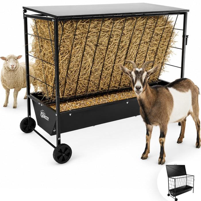 Goatzy Large Hay Feeder for Goats with Roof, Wheels and Handles, Covered 2-in-1 Galvanized Steel Goat Hay Feeder Trough, 50 Gallon Rack and 20 Gallon Grain for Horse Sheep Cattle Alpacas Livestock