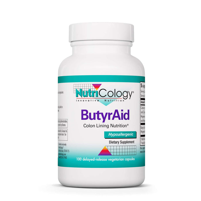 Nutricology ButyrAid Supplement 200 mg - Butyrate, Gut Health, Butyric Acid, Tributyrin Complex, Colon Lining Nutrition, Postbiotics, Delayed-Release Vegetarian Capsules - 100 Count