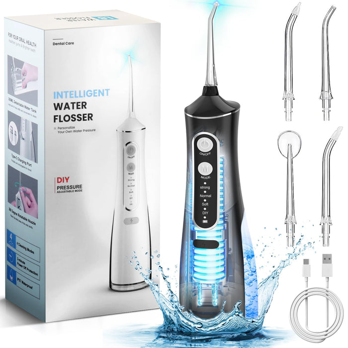 Water Flosser Cordless Electric Water Flosser, Portable Dental Flossers with 4 Modes Waterproof Oral 300ML Rechargeable Travel Irrigation Cleaner IPX7 Flossing Machine for Home & Travel-White