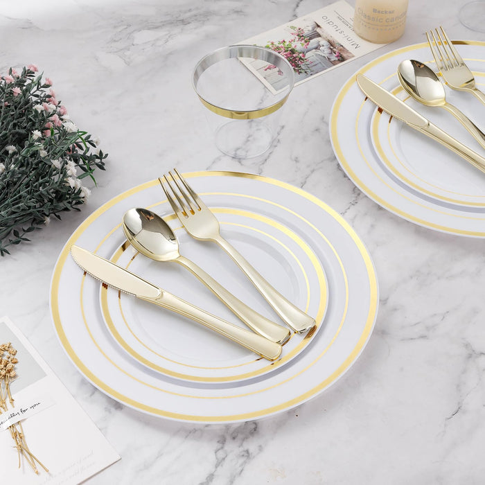 BESTVIP 600PCS Plastic Dinnerware Set (100 Guests), Gold Disposable Plates for Party, Wedding, Anniversary, Includes: Dinner Plates, Dessert Plates, Cups, Spoons, Forks and Knives