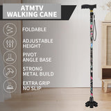 Walking Cane ATMTV Cane for Woman | Mobility & Daily Living Aids | 5-Level Height Adjustable Walking Stick | Comfortable Plastic T-Handle Portable Folding Cane with Replace Tip Black Print