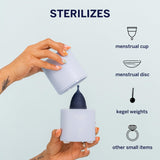 Pixie Menstrual Cup & Disc Steamer Sterilizer 2.0 - Kills 99.9% of Germs with Cleaner Steam - Wash Your Period Cup in 3 Minutes! - The Most Asked for Sensor On-Off Button & Must Have Cylinder Shape