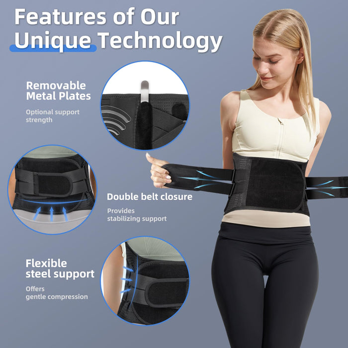 Back Brace for Men Women Lower Back Pain Relief with 7 Stays, Adjustable Back Support Belt for Herniated Disc, Sciatica, Scoliosis, Breathable Lumbar Support Brace with Hot &Cold Pad Therapy Pocket