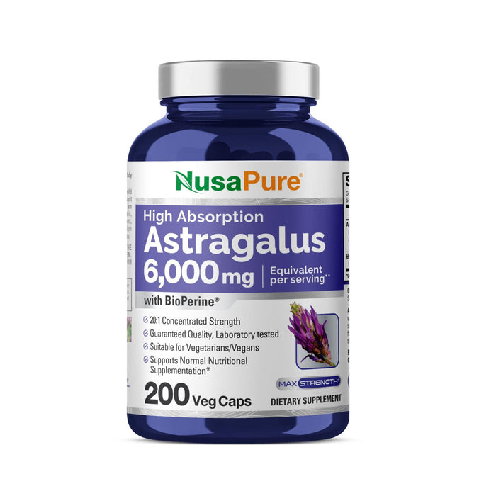 NusaPure Astragalus 6000mg Per Serving, 200 Veggie Capsules, Extract 20:1, Non-GMO & Bioperine