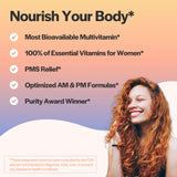 Premium Bioavailable Daily Multivitamin for Women with Iron, Folate, Calcium, Omega-3 DHA & Vitamin D | 100% of Essential Vitamins for Women | 2 Bottles | Optimized AM & PM Doses | 30 Day Supply