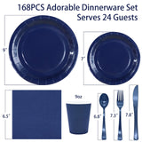 Gudvilla 168Pcs Navy Blue Party Supplies for Navy Blue Party Decorations includes Paper Plates and Napkins Cups Utensils,Blue Disposable Plates Set for Boy Baptism Birthday Graduation Serve 24 Guests