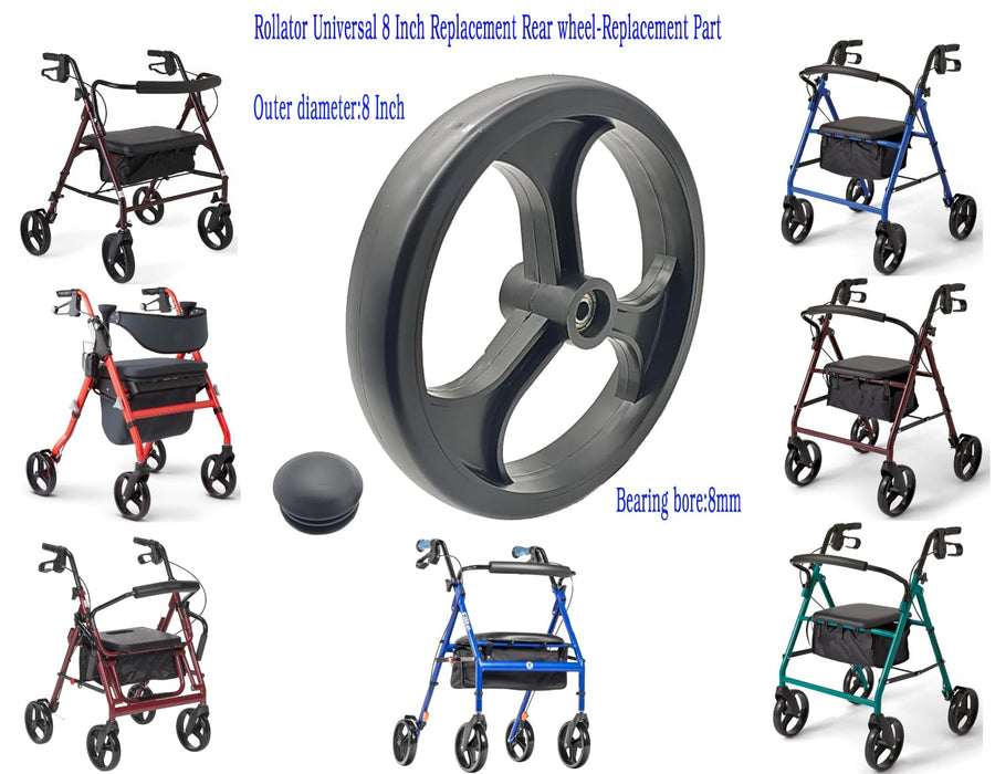 Rollator walker replacement 8 inch rear wheel,Heavy Duty Rollator rear Wheel Assembly,8 inch solid wheel, 8" 3 rib Caster Wheel,Universal parts,MDS86800XWRW,MDS86825RW,9501A75008.(1Pr Black)