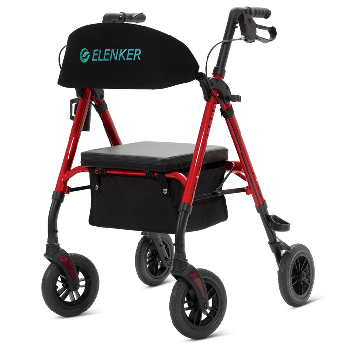 ELENKER All-Terrain Rollator Walker with 8” Non-Pneumatic Wheels, Sponge Padded Seat and Backrest, Fully Adjustment Frame for Seniors,Red