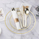 BESTVIP 350PCS Clear Gold Plastic Dinnerware Set, Disposable Party Plates for 50 Guests, Include: 100 Plastic Plates, 50 Pre Rolled Napkins with Silverware, 50 Cups