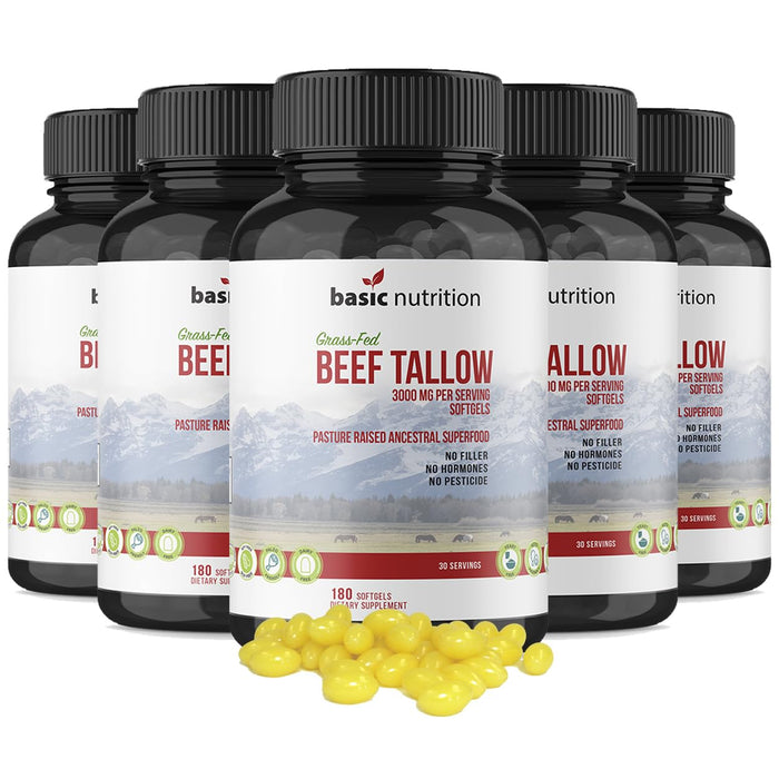 Basic Nutrition Pasture Raised Beef Tallow Softgels | 3000mg Serving | 100% Grass Fed, Grass Finished Ancestral Superfood | No Hormones, No Fillers, Non-GMO, Pesticide Free | Made in The USA