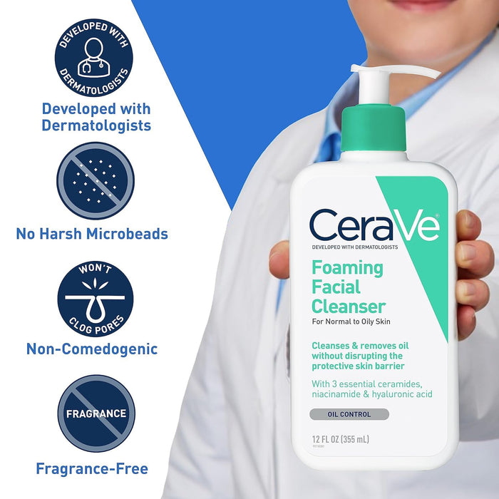 CeraVe Foaming Facial Cleanser | Daily Face Wash for Oily Skin with Hyaluronic Acid, Ceramides, and Niacinamide| Fragrance Free Paraben Free | 12 Fluid Ounce