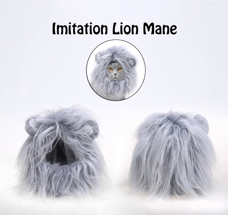 Onmygogo Lion Mane Wig for Cats and Dogs, Funny Pet Cat Costumes for Halloween Christmas, Furry Pet Clothing Accessories (Size S, Light Grey with White)