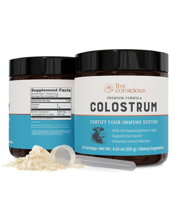 Live Conscious Colostrum Powder - Grass Fed Colostrum Supplement with Lactoferrin for Iron Absorption - Bovine Colostrum an Immune System Supplement