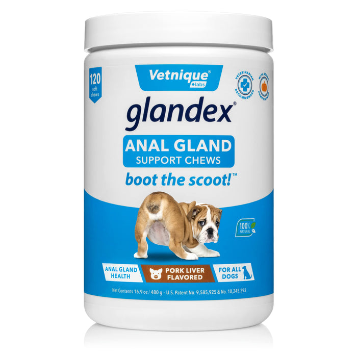 Glandex Anal Gland Soft Chew Treats with Pumpkin for Dogs Digestive Enzymes, Probiotics Fiber Supplement for Dogs Boot The Scoot (Pork Liver Chews, 120ct)