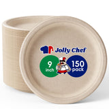 JOLLY CHEF Compostable Heavy Duty Plates 9 Inch [150 Pack] Eco-Friendly Disposable Natural Paper Plates Bagasse Biodegradable Plates Bulk for Party Dinner Sugarcane Fibers Round Plates(Brown)