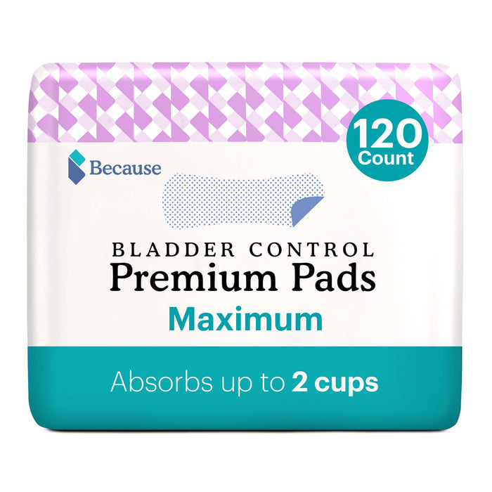 Because Incontinence Pads for Women - Maximum Absorbency, Postpartum Pads, Up to 100% Leak-Free Protection, Discreet Protection for Bladder Leaks, 6 Packs of 20 Pads (120 Total)