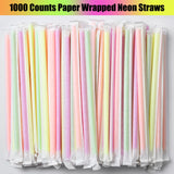 ALINK 1000 Count Neon Flexible Plastic Drinking Straws, Individually Wrapped, Disposable Bendy Straws - 7.75 in x 0.23 in