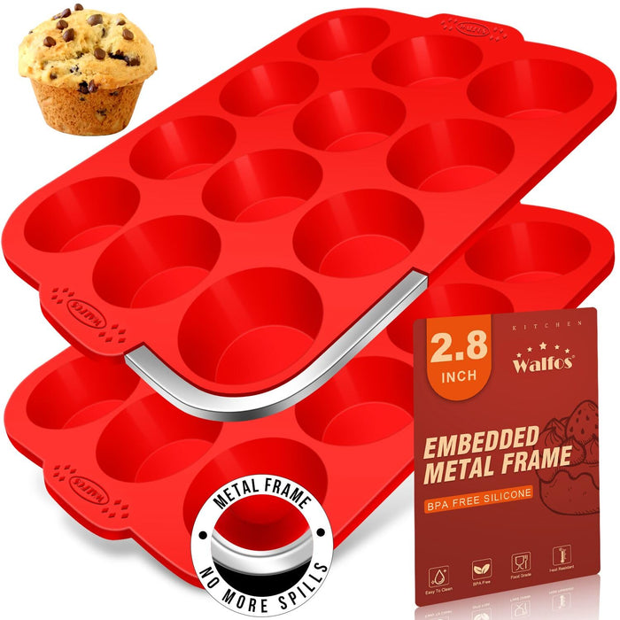 Walfos Silicone Muffin Pan with Metal Frame, 2.8 Inch Regular Size Silicone Cupcake Pan Muffin Tin, Non-Stick 12 Cups Egg Bites Molds for Baking, BPA Free, Dishwasher Safe, 2 Pack