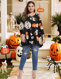 MONNURO Womens 3/4 Sleeve V Neck Plus Size Flowy Swing Tunic Tops Loose Halloween Shirts for Women Wearing with Leggings (Skull Halloween Black,5X