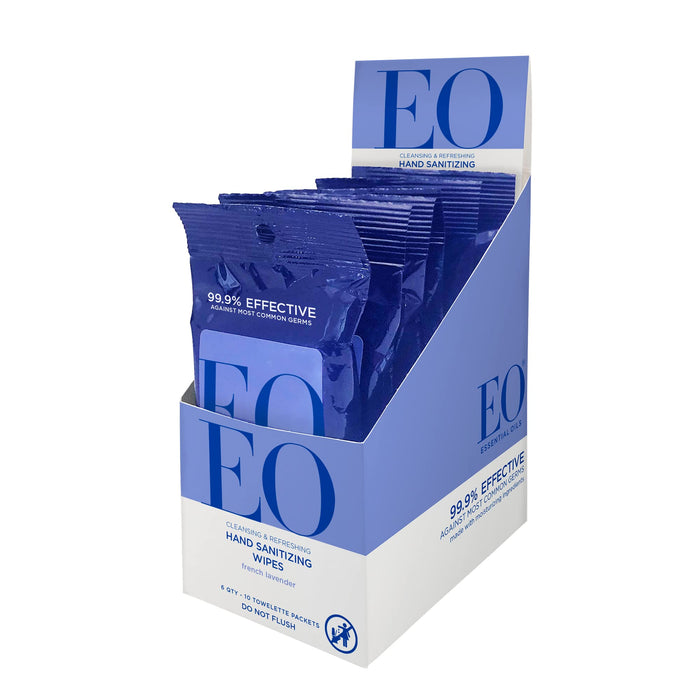 EO Hand Cleansing Wipes, 10 Wipes (Pack of 6), French Lavender, Plant Derived Alcohol with Pure Essential Oils