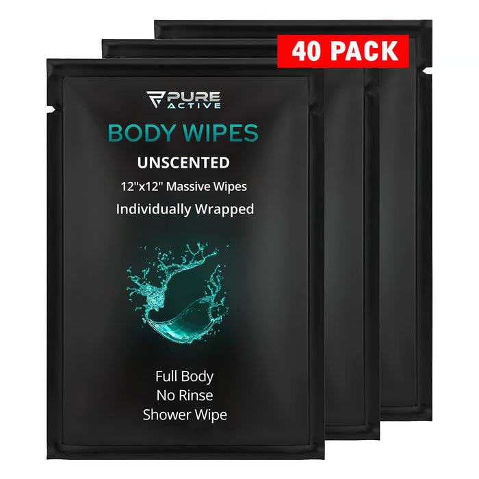 Shower Body Wipes 12"x12", 40 Individually Wrapped Personal Hygiene Body Wipes for Women and Men, Keep Clean After Gym Travel Camping Outdoors Sports, Unscented