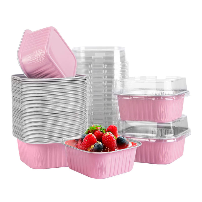 50 Pcs Mini Square Baking Cups with Lids,10oz Aluminum Foil Mini Cake Pans with Lids,Disposable Ramekins Cake Pans,300ml Dessert Cups Cupcake Pans for Wedding Birthday Party,Pink