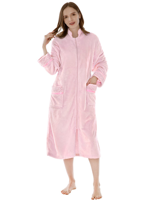 PAVILIA Womens Housecoat Zip Robe, Fleece Zip Up Front Robe Bathrobe, Plush Warm Zipper House Coat Lounger for Women Ladies Elderly with Satin Trim, Pockets, Long Plus Size - Light Pink (2x/3x)