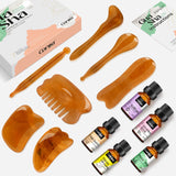 Gua Sha Facial Tools and Massage Oil Set, Natural Amber Stone GuaSha Massage Tool for Face and Body Massage, Skin Scraping Lifting and Firming, Back and Neck Release Reduce Muscle Pain (12 in 1)