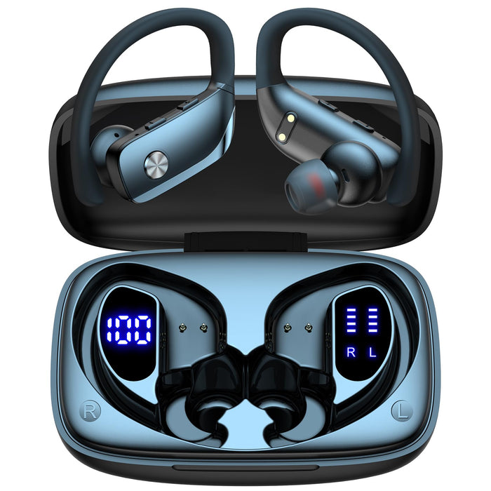 bmani Ear Buds Wireless Earbuds Bluetooth Headphones with 80H Playtime LED Display Case, Over-Ear Hook with Mic, Stereo Sound, Easy Button Controls, Sports Earphones for Running Workout Gym Black