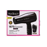 Hot Beauty 1875 Ceramic Hair Dryer, Powerful Fast Drying, Multi-Setting with Comb Attachment, Additional Detangler Included, Slide Bar Switch, Compact for Home & Travel (Black)