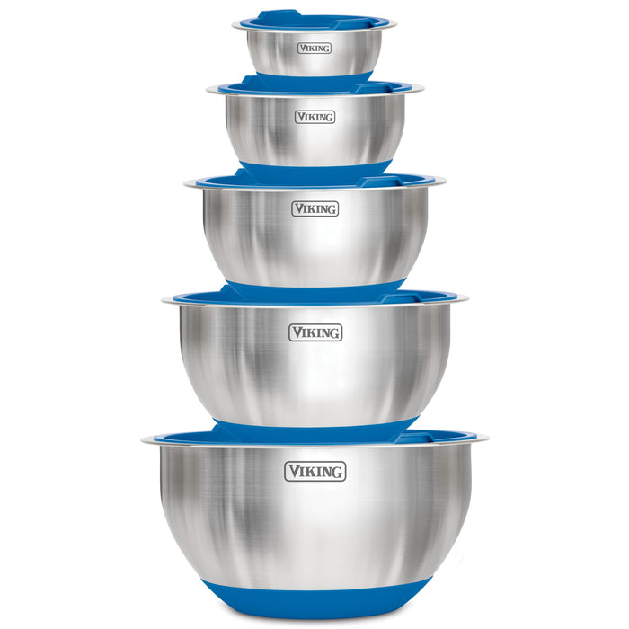 Viking Mixing Bowls Set, 10 Piece Stainless Steel Kitchen Cookware, Non-Slip Silicone Base, Includes Tight Fit Lids, Dishwasher Safe, Teal