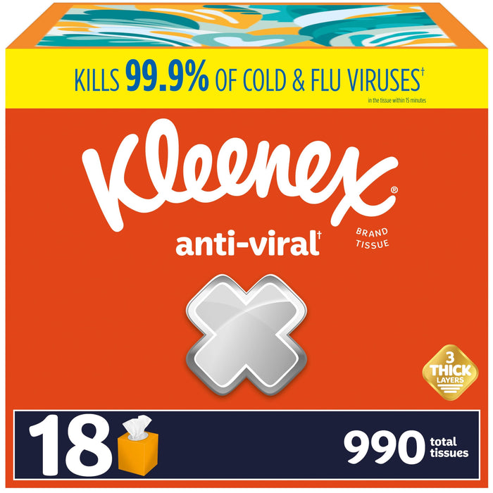 Kleenex Anti-Viral Facial Tissues, Classroom or Office Tissue, 18 Cube Boxes, 55 Tissues per Box, 3-Ply (990 Total Tissues)