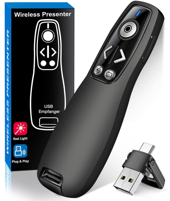 2-in-1 USB Type C Wireless Presenter Remote with Volume Control - Slide Advancer for PowerPoint, Mac, Computer, Laptop