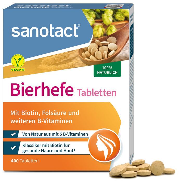 sanotact Bierhefe Tabletten (400 Tabletten) • 100% natürliche Bierhefe vegan • Mit Biotin für schöne Haare & gesunde Haut • 6 B-Vitaminen • Auch für Hunde geeignet • Hefetabletten