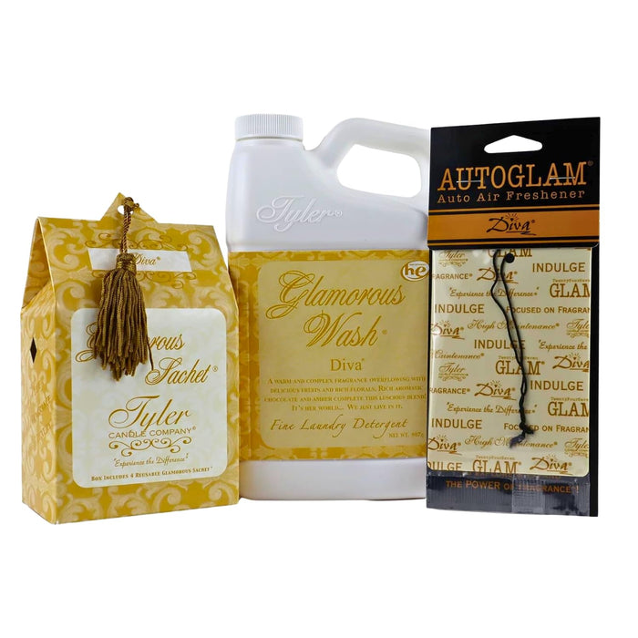 Tyler Candle 32 Ounce Glamorous Wash, Sachet, and Autoglam Bundle by Louisiana Pantry (Diva)