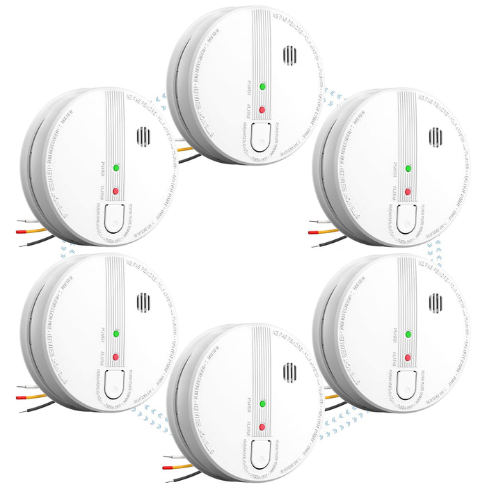 6 Packs Smoke Detector, Hardwired Interconnected Smoke Detectors, Smoke Alarm with Replaceable 9V Battery, Interconnects Up to 12 Fire Alarms, Photoelectric Fire Alarm with Test/Silence Button