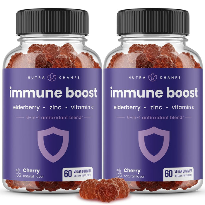 Immune Support Gummies | Powerful Blend of Elderberry, Vitamin C, Zinc, Echinacea, Astragalus Root & Ginger | Immune Boosters for Adults & Kids Supplement | Vegan & Non-GMO | Cherry | 60 Ct (2 Pack)