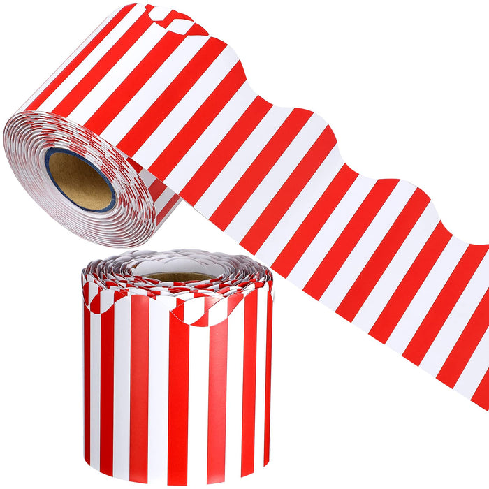 65 Feet Scalloped Bulletin Board Border Self Stick Classroom Striped Borders Wavy Line Border for Bulletin Cork Board Desk Classroom Christmas Party Supplies Decor(Red and White Stripes)