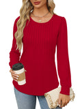 OFEEFAN Womens Long Sleeve Shirts Fall Tops Trendy Pleating Christmas Tunics or Tops to Wear with Leggings Blouse Red L