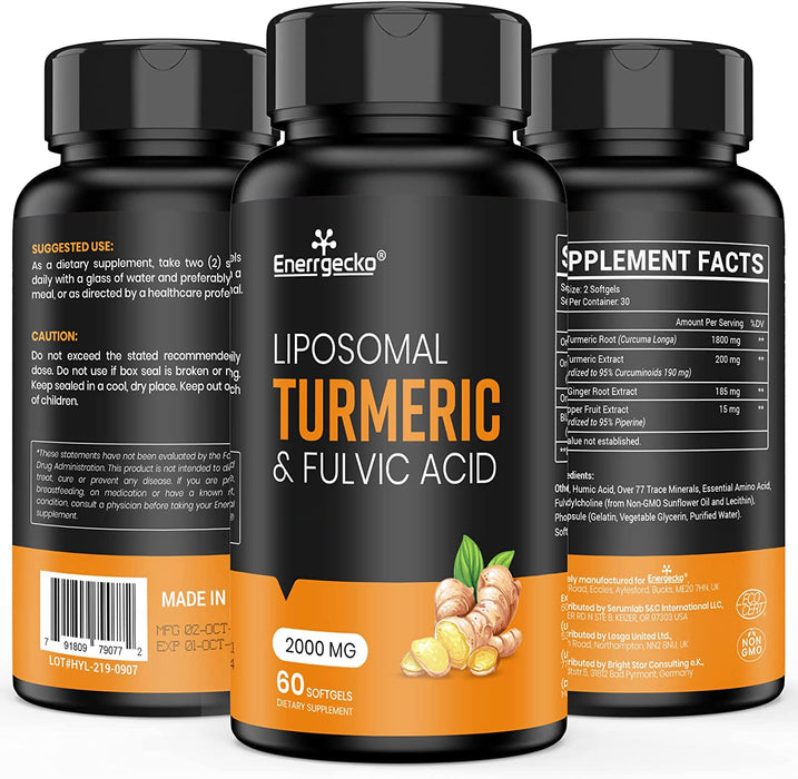 2000 mg Liposomal Turmeric Curcumin with Black Pepper & Ginger for Superior Absorption with Fulvic Acid and Humic Acid (60 Count (Pack of 1))