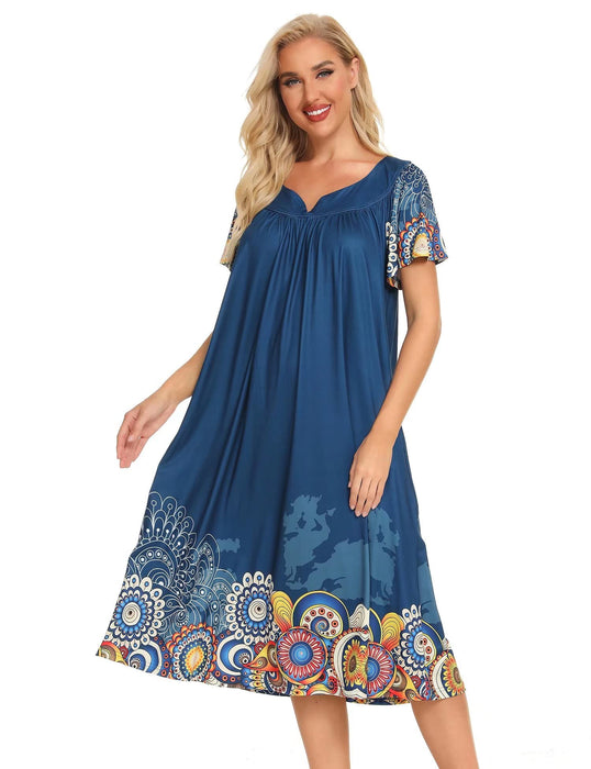 Bloggerlove Mandalas House Dresses for Women with Pockets Summer Mumu Duster Housecoat Women Elderly Robes Short Sleeve Patio Dress Nightgowns Cotton