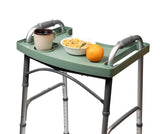 Sigo Green Walker Tray for Rolling Folding Walker, Tray Table with Cup Holder for Standard Walkers Seniors, Detachable Non Slip TV Accessories Basket Holding Plate Cups Clip On Small Bag Carrier