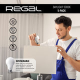 Regal LED A19 Light Bulb 5000K Daylight 800-Lumen, 9-Watt (60-Watt Equivalent), E26 Base, 5000 Kelvin, Day Light, 5-Pack, Non-Dimmable